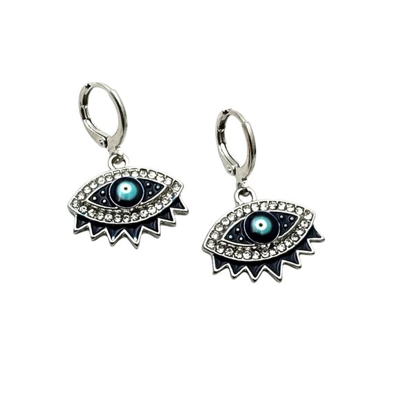 Evil Eye Blue Enamel Silver Tone Pierced Chandelier Earrings 1 Inch New - Picture 2 of 3